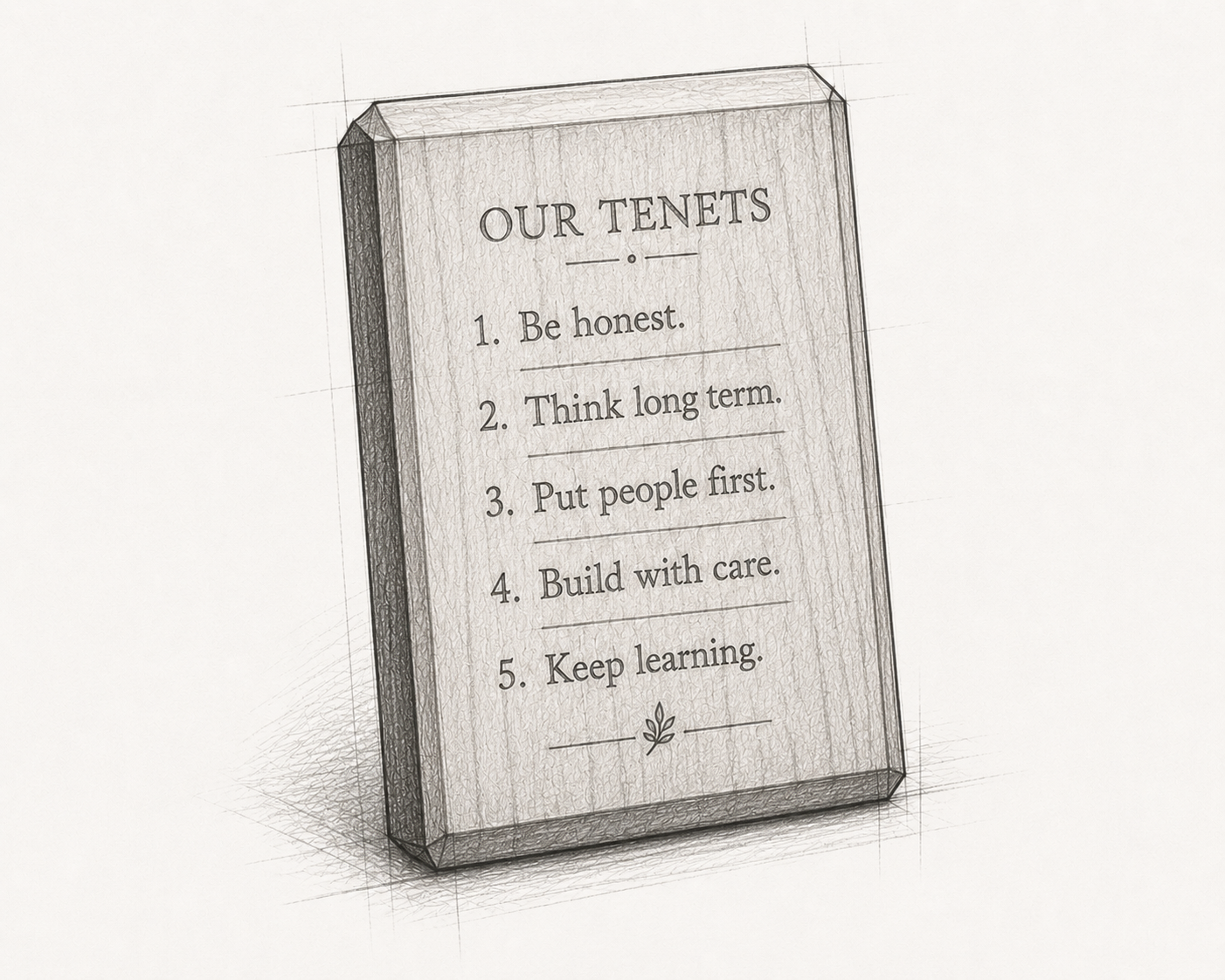 A graphite sketch of a wooden tablet inscribed with a short list of tenets.