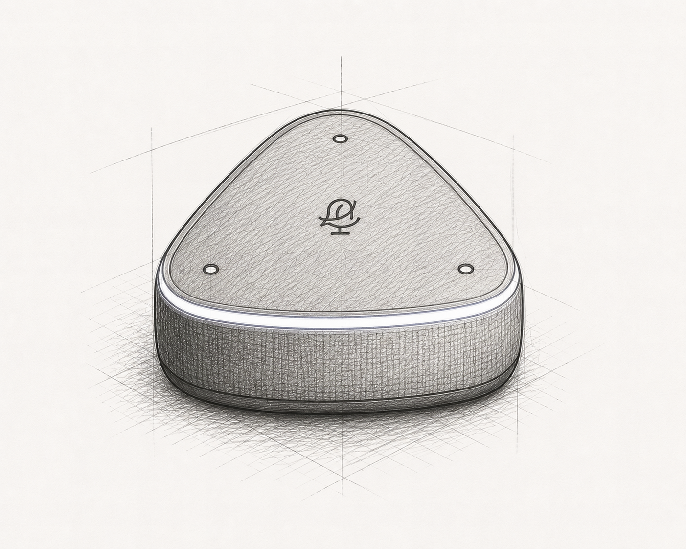 A graphite sketch of a small triangular listening device sitting quietly on a table.